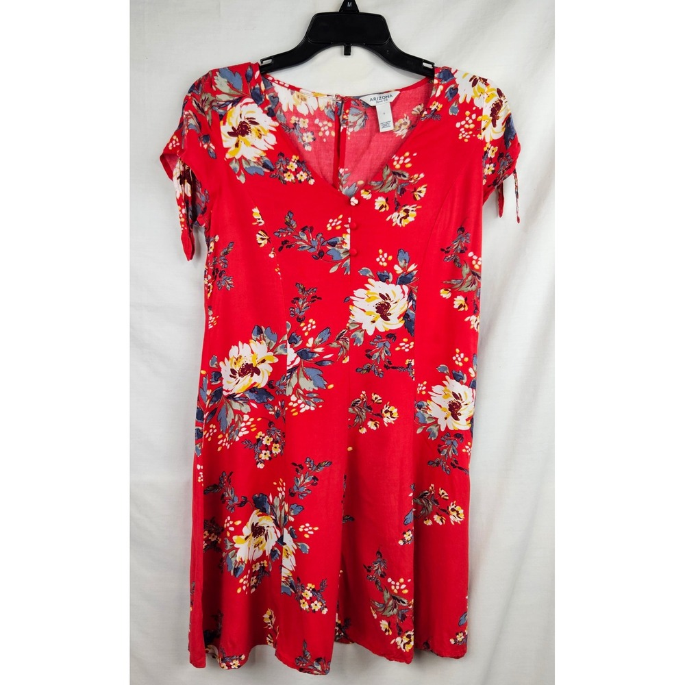 Arizona Jean Co Womens Red Floral V-Neck Fit and Flare Dress Size Sm Tie Sleeve